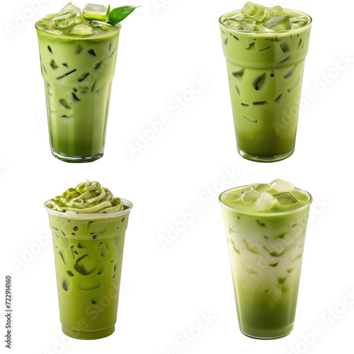 Set of Iced matcha latte Isolated on white background