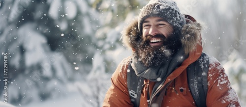 Hipster in thermal jacket hat scarf beard warm in winter Bearded man smile with snowballs in snowy forest Temperature freezing cold snap Skincare beard care in winter Snow fight sport rest photo