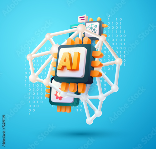 Conceptual 3D illustration of artificial intelligence with chip and neural connections. Realistic vector composition.