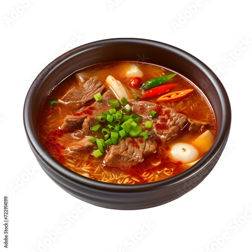 Yukgaejang or Spicy beef soup is served in a bowl with a transparent background