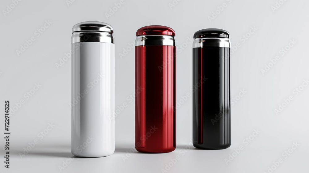 Blank metal water sports bottle mockup white black red and silver colors, white background Blank metal water sports bottle mockup white black red and silver colors, white background