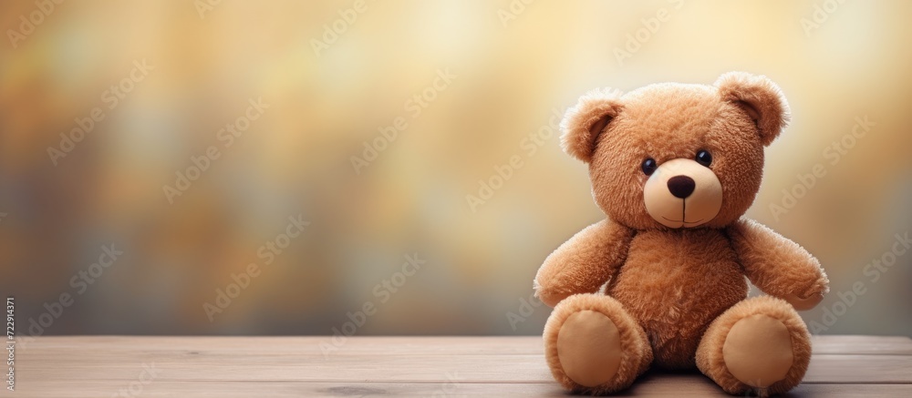 Girl with teddy bear lying on wooden floor at home. Creative Banner. Copyspace image Girl with teddy bear lying on wooden floor at home. Creative Banner. Copyspace image