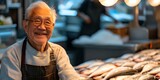 Smiling elderly asian fishmonger in market. captures local culture and livelihood. perfect for lifestyle and commerce use. AI