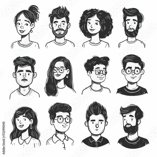 Collection de portraits diversifiés - vecteur noir et blanc