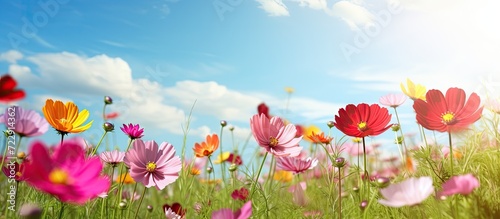 How beautifully the red pink misty colored flowers are blooming It looks very beautiful surrounded by green nature open sky and shining sun. Creative Banner. Copyspace image © HN Works