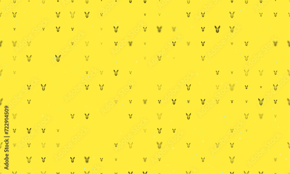 Seamless background pattern of evenly spaced black hare's head symbols of different sizes and opacity. Vector illustration on yellow background with stars Seamless background pattern of evenly spaced black hare's head symbols of different sizes and opacity. Vector illustration on yellow background with stars