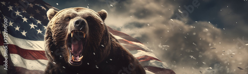 Roaring Grizzly Bear portrait with the United States of America flag conceptual patriot graphic banner