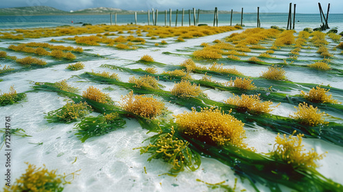 Rows of seaweed on a seaweed farm, Jambiani, Zanzibar island, Tanzania photo