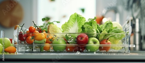 Fresh ripe vegetables and fruits from the organic farm are washed with running water in the dishwasher. Creative Banner. Copyspace image