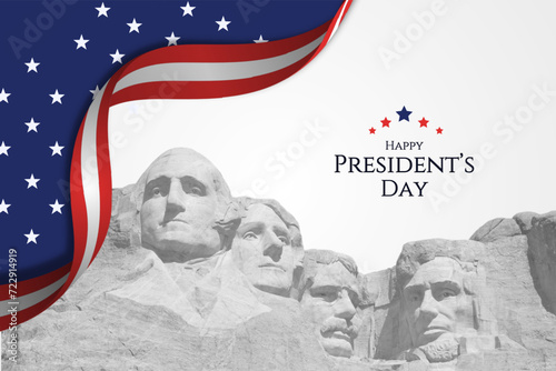 Presidents Day banner blue background vector illustration with lettering Happy President's Day and Rushmore USA presidents photo