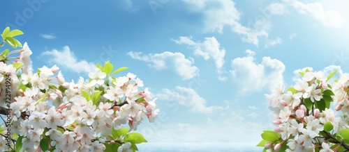 How beautifully the blue green purple flowers are blooming the leaves of the trees are green the green nature around is the open sky and the shining sun. Creative Banner. Copyspace image