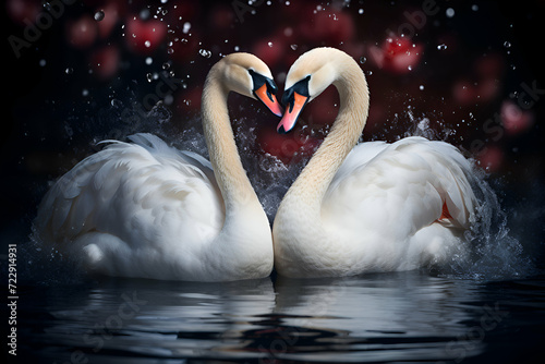 Two beautiful swans swimming in the water on a dark background.