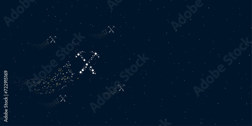 A crossed hammers symbol filled with dots flies through the stars leaving a trail behind. There are four small symbols around. Vector illustration on dark blue background with stars