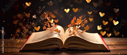Heart shaped Folded Book Art with fairy lights valentine s day. Creative Banner. Copyspace image