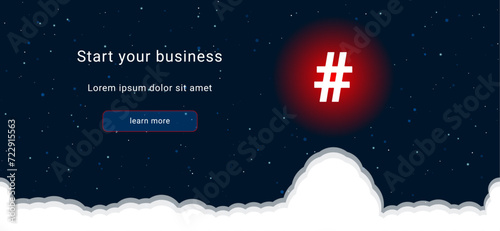 Business startup concept Landing page screen. The hash symbol on the right is highlighted in bright red. Vector illustration on dark blue background with stars and curly clouds from below