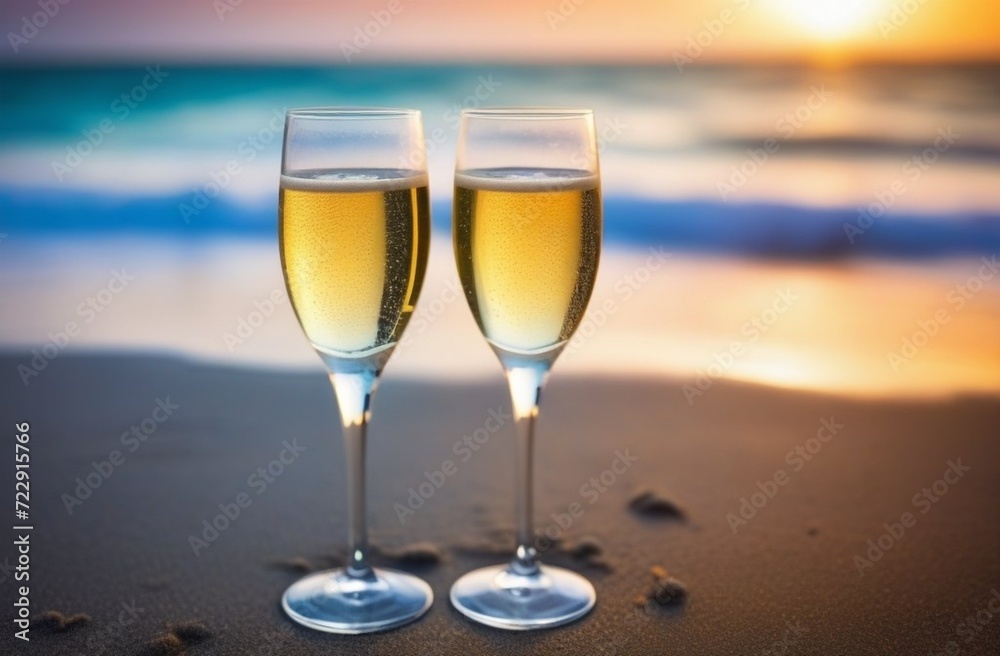 Two glasses of champagne on the beach