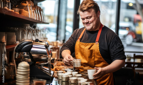 Down Syndrome Barista: Young Man Preparing Coffee in Inclusive Café photo