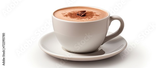 Hot cacoa drink with cocoa powder isolated on white background. Creative Banner. Copyspace image