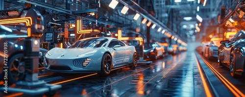 Automated robotics futuristic electric cars factory production line as wide banners with statistics of production and efficiency as wide banner with copy space, Generative AI © Lens Legends