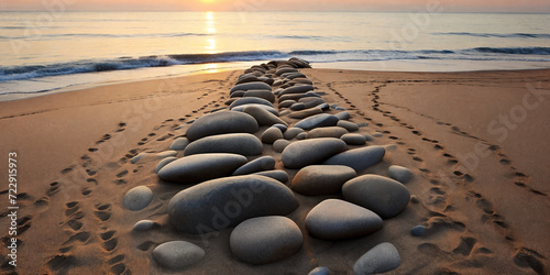 Pattern of stones on a sandy beach photo