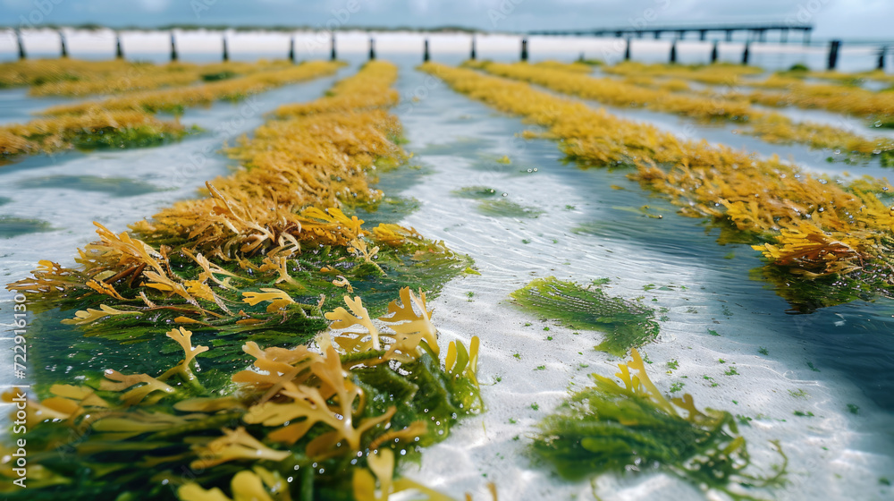 Rows of seaweed on a seaweed farm, Jambiani, Zanzibar island, Tanzania - obrazy, fototapety, plakaty 