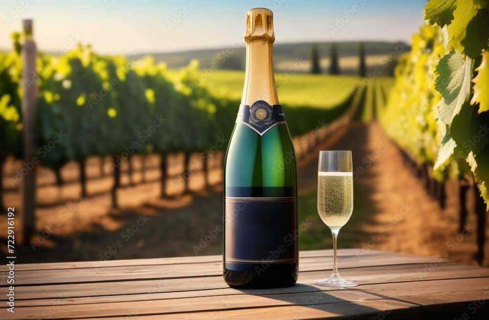 champagne bottle with glass in vineyard,