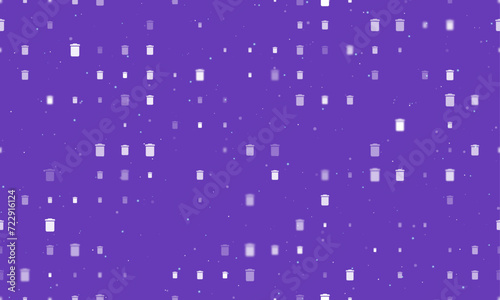 Seamless background pattern of evenly spaced white trash symbols of different sizes and opacity. Vector illustration on deep purple background with stars
