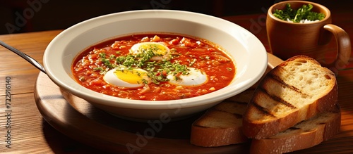 homemade tomato paste soup with egg olive macadamia bean and bread toast in bowl on wood table western fusion halal food restaurant banquet menu for cafe. Creative Banner. Copyspace image
