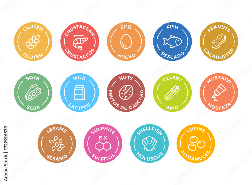 Isolated Vector Logo Set Badge Ingredient Warning Label. Colorful Allergens icons. Food Intolerance. The 14 allergens required to declare written in Spanish and English Isolated Vector Logo Set Badge Ingredient Warning Label. Colorful Allergens icons. Food Intolerance. The 14 allergens required to declare written in Spanish and English