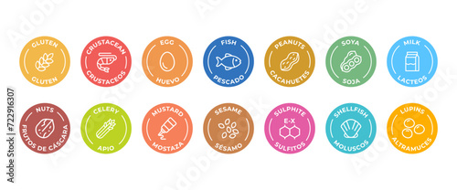 Isolated Vector Logo Set Badge Ingredient Warning Label. Colorful Allergens icons. Food Intolerance. The 14 allergens required to declare written in Spanish and English