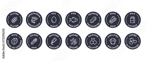 Isolated Vector Logo Set Badge Ingredient Warning Label. Allergens icons. Food Intolerance. The 14 allergens required to declare written in Spanish and English