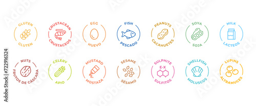 Isolated Vector Logo Set Badge Ingredient Warning Label. Colorful Allergens icons. Food Intolerance. The 14 allergens required to declare written in Spanish and English photo