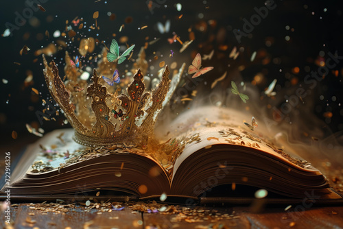 A fairy tales book filled with volumetric illustration ,kings crown, fantasy story