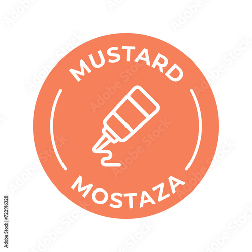 Isolated Vector Logo Badge Ingredient Warning Label. Colorful Allergens icons. Food Intolerance Mustard. Written in Spanish and English