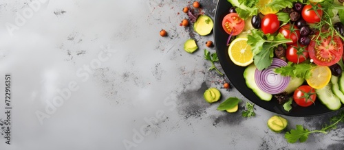 Healthy vegetable salad of fresh tomato cucumber onion spinach lettuce and sesame on plate Diet menu Top view. Creative Banner. Copyspace image