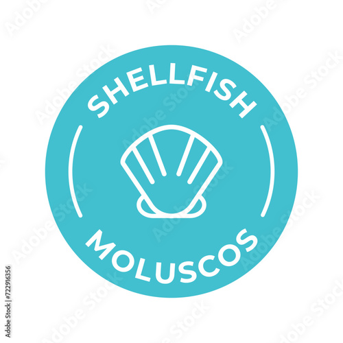 Isolated Vector Logo Badge Ingredient Warning Label. Colorful Allergens icons. Food Intolerance Shellfish. Written in Spanish and English