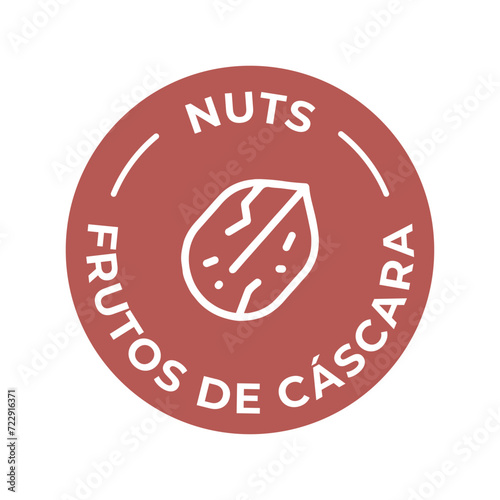 Isolated Vector Logo Badge Ingredient Warning Label. Colorful Allergens icons. Food Intolerance Nuts. Written in Spanish and English