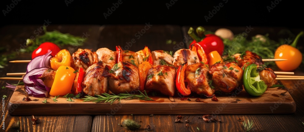Homemade Chicken Shish Kabobs with Peppers and Onions. Creative Banner. Copyspace image
