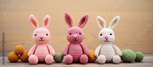 Handmade crocheted bunny toys amigurumi. Creative Banner. Copyspace image