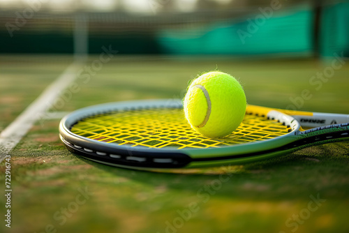  a tennis racket and ball resting on a green court © ALL YOU NEED studio