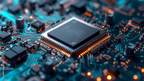 closeup of an advanced GPU ram microchip or cpu of a powerful computer board for artificial intelligence technology as wide banner design with copy space area futuristic background, generative ai