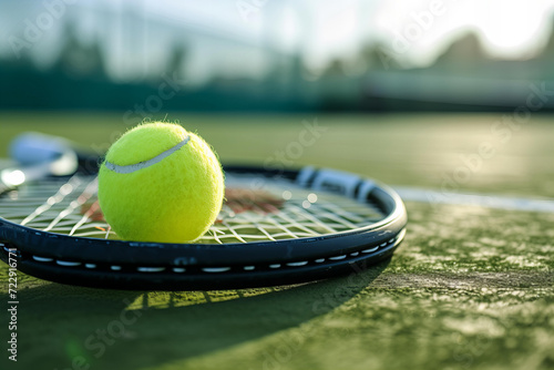 
a tennis racket and ball resting on a green court