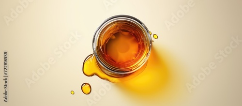 honey jar with acacia flowers and leaves fresh honey top view flat lay. Creative Banner. Copyspace image photo
