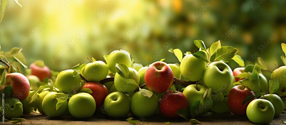 Obraz na płótnie Fresh ripe green apples summer fruit harvest. Creative Banner. Copyspace image w salonie