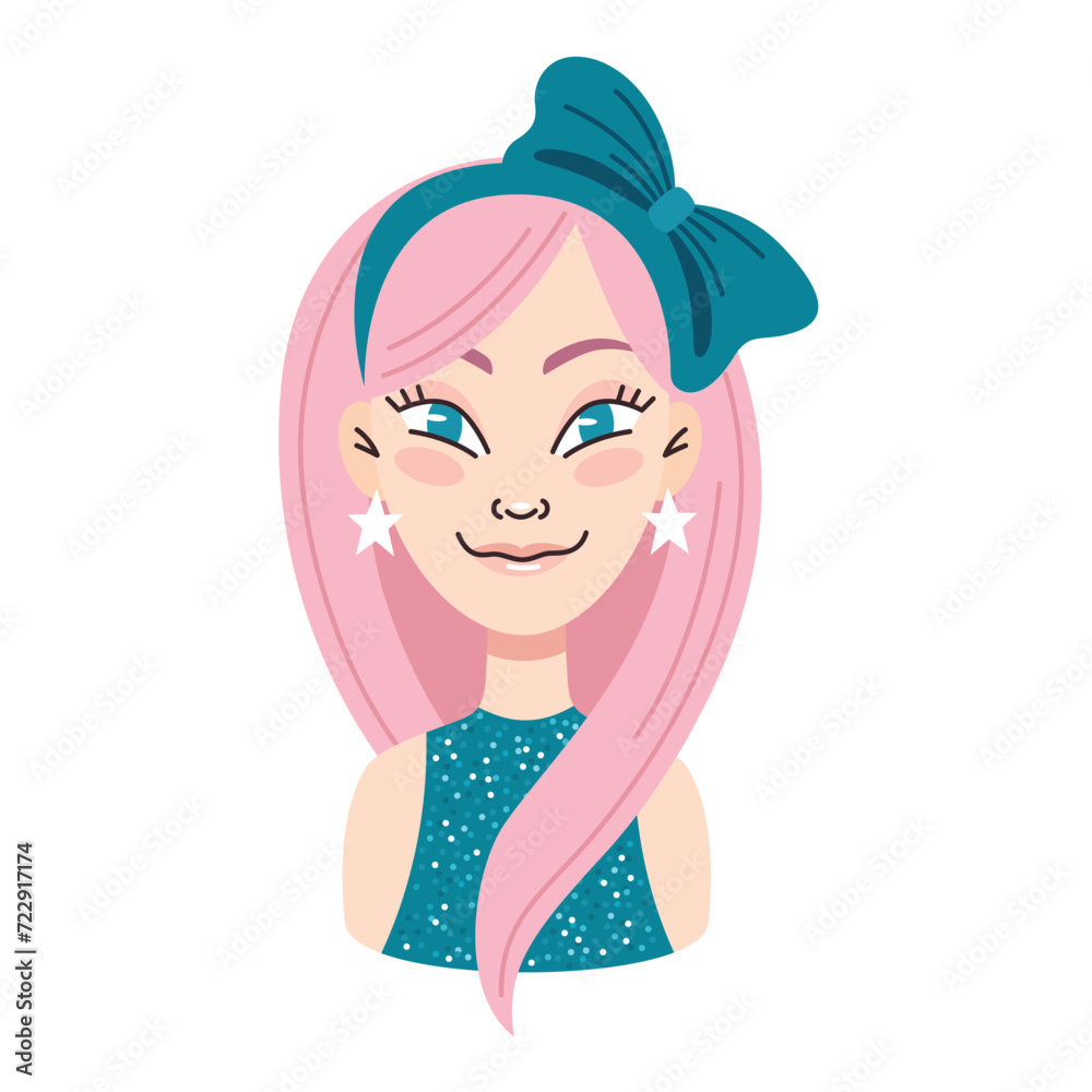 Young smiling woman with pink hair. Bow in hair, star earrings.Emotions.Portrait, face, avatar.Cartoon vector illustration on a white background Young smiling woman with pink hair. Bow in hair, star earrings.Emotions.Portrait, face, avatar.Cartoon vector illustration on a white background