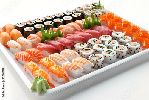 Assorted sushi platter on white background. perfect for menu design. high-quality japanese cuisine. fine dining. AI