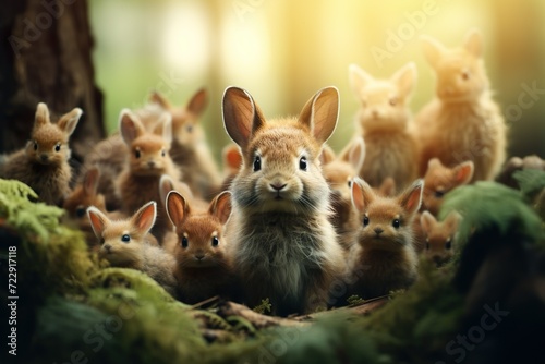 selective shot of cute rabbits in forest generative ai