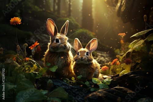 selective shot of cute rabbits in forest generative ai © poker
