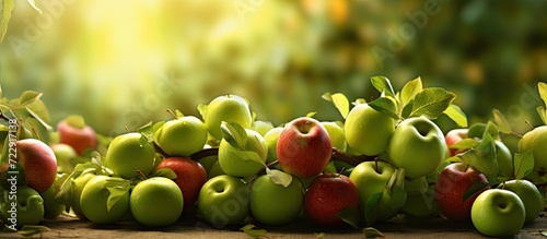 Fresh ripe green apples summer fruit harvest. Creative Banner. Copyspace image photo