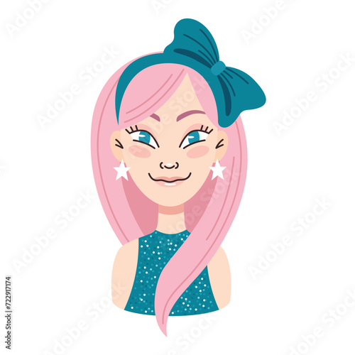 Young smiling woman with pink hair. Bow in hair  star earrings.Emotions.Portrait  face  avatar.Cartoon vector illustration on a white background